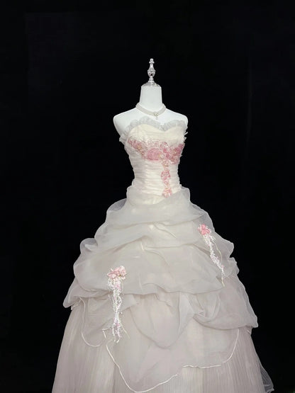 Cute Ball Gown Strapless Tulle With Pink Lace Long Quince Dress Voluminous Sweet 16 Sweet Sixteen Outfits Vestido de 15 RB7581