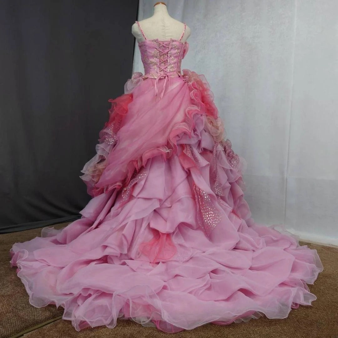 Cute Sweet 16 Dress Straps Pink Ball Gown With 3D Flowers Tiered Layers Sweet Sixteen Dress RB9968