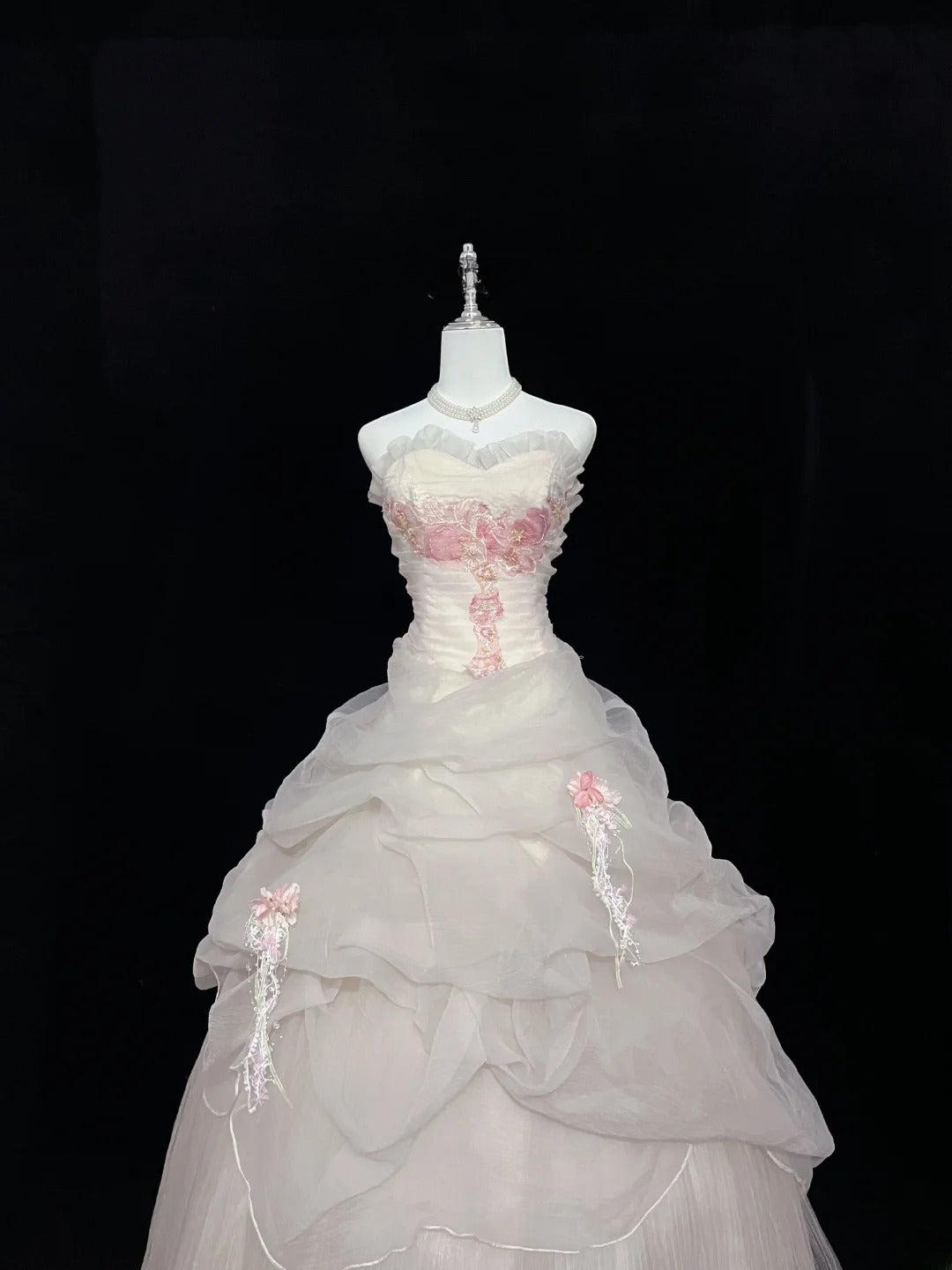 Cute Ball Gown Strapless Tulle With Pink Lace Long Quince Dress Voluminous Sweet 16 Sweet Sixteen Outfits Vestido de 15 RB7581