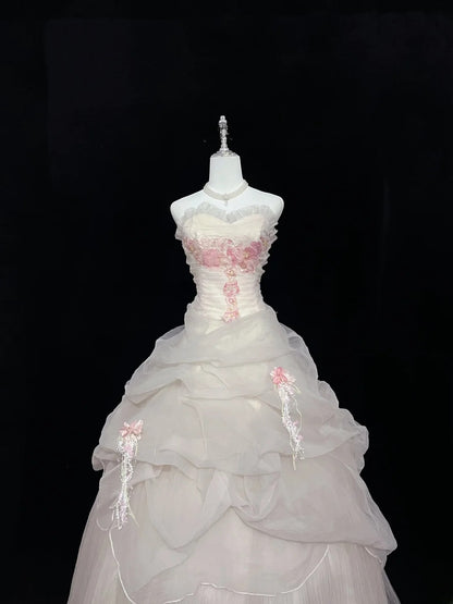 Cute Ball Gown Strapless Tulle With Pink Lace Long Quince Dress Voluminous Sweet 16 Sweet Sixteen Outfits Vestido de 15 RB7581