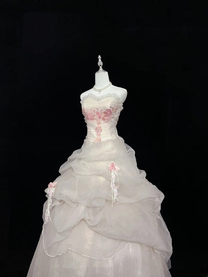 Cute Ball Gown Strapless Tulle With Pink Lace Long Quince Dress Voluminous Sweet 16 Sweet Sixteen Outfits Vestido de 15 RB7581