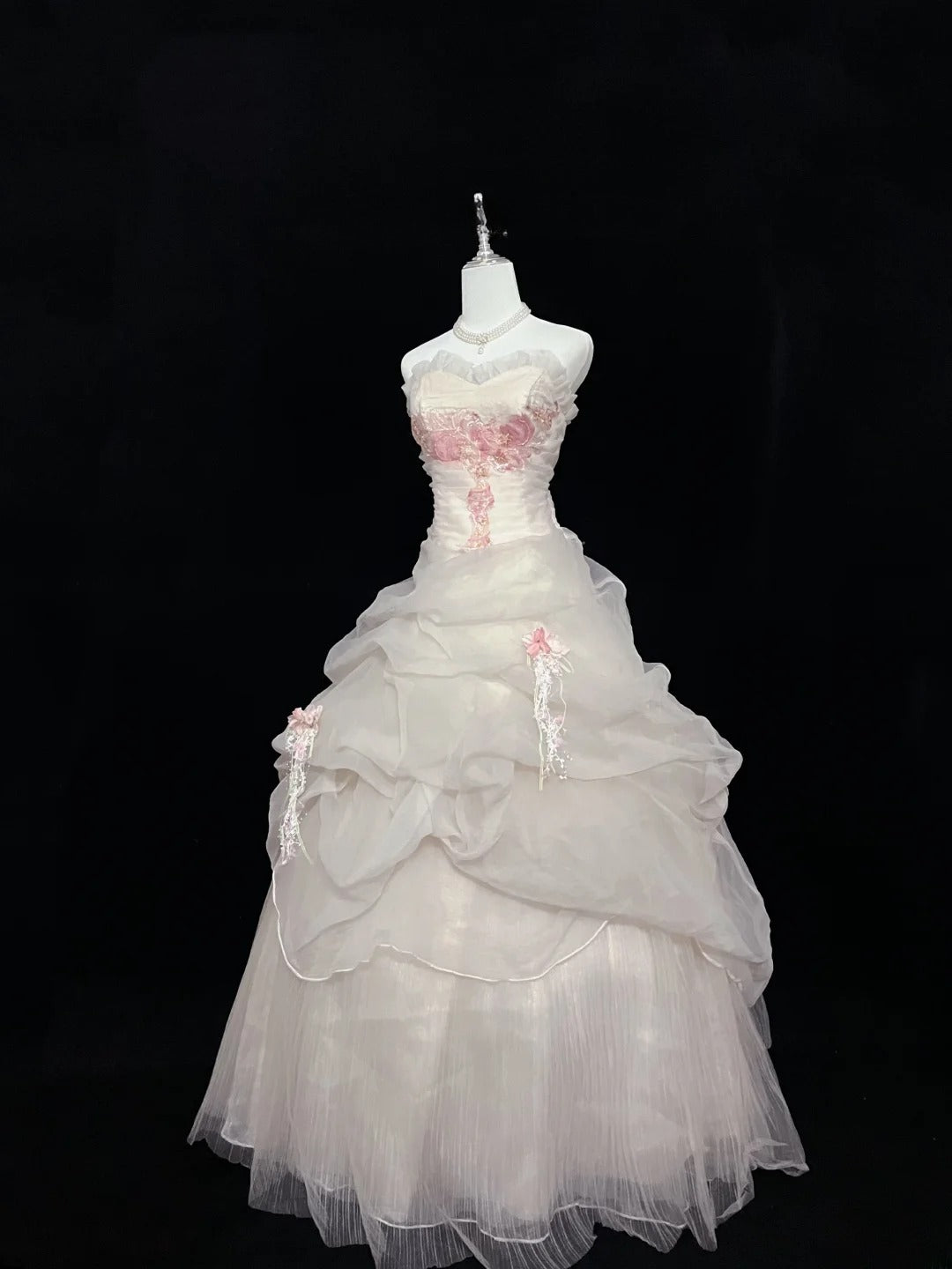 Cute Ball Gown Strapless Tulle With Pink Lace Long Quince Dress Voluminous Sweet 16 Sweet Sixteen Outfits Vestido de 15 RB7581