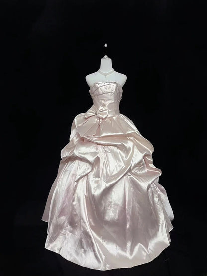 Cute Ball Gown Strapless Satin With Pink Bow Long Quince Dress Voluminous Sweet 16 Sweet Sixteen Outfits Vestido de 15 RB7582