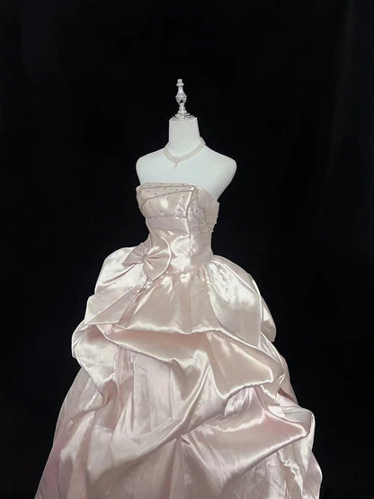 Cute Ball Gown Strapless Satin With Pink Bow Long Quince Dress Voluminous Sweet 16 Sweet Sixteen Outfits Vestido de 15 RB7582