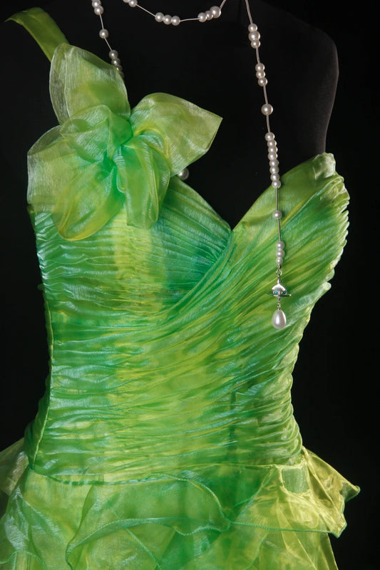 Modest High Low One Shoulder Green Tulle Prom Dress Long Party Gowns Evening Dresses AB2184
