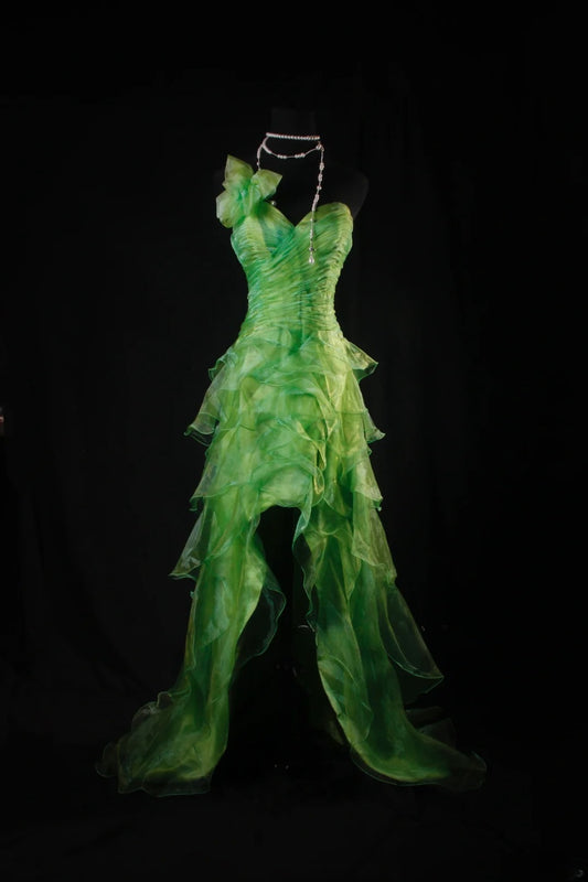 Modest High Low One Shoulder Green Tulle Prom Dress Long Party Gowns Evening Dresses AB2184