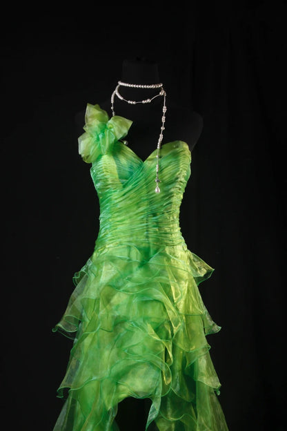 Modest High Low One Shoulder Green Tulle Prom Dress Long Party Gowns Evening Dresses AB2184