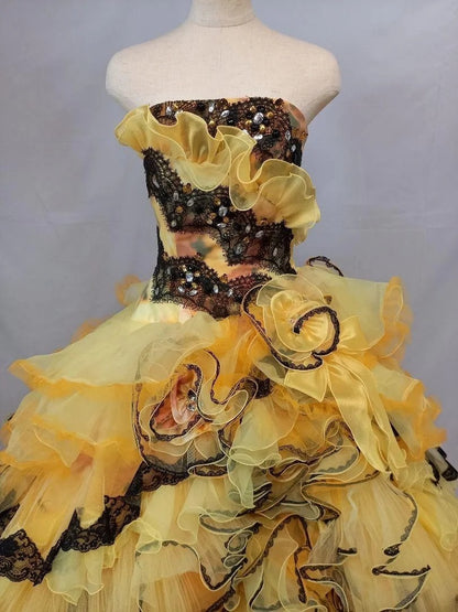 Sweet 16 Dress Yellow Strapless Sleeveless Ball Gown With Tiered Layers Sweet Sixteen Dress RB9970
