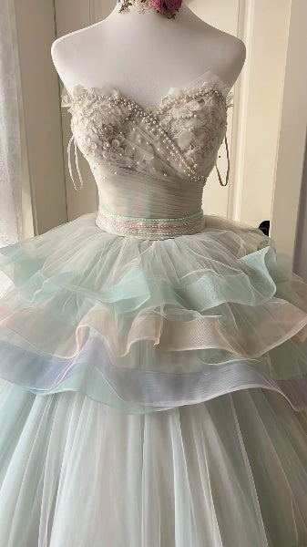 Elegant Sweet 16 Dress Long Sweetheart Sage Green Tulle Beading Ball Gown Sweet Sixteen Party Birthday Dresses RC0545