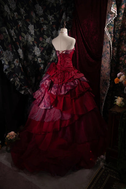 Dreamy Princess Ball Gown Formal Events Strapless Red With Tiered Layers Quince Dress Quinceanera Dresses Birthday Outfits RB8379