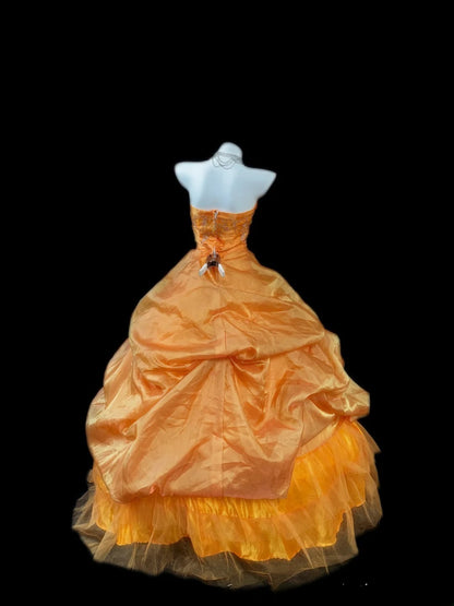 Princess Ball Gown Strapless Orange Long With 3D Flowers Corset Fitted Sweet 16 Dresses Seventeen Quince Dress RB3613