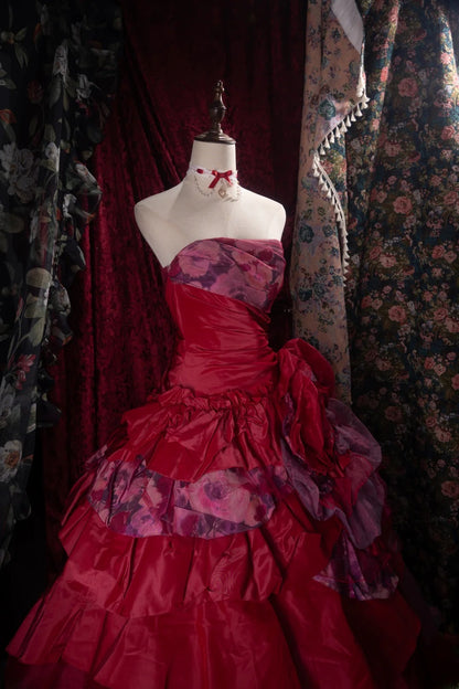 Dreamy Princess Ball Gown Formal Events Strapless Red With Tiered Layers Quince Dress Quinceanera Dresses Birthday Outfits RB8379