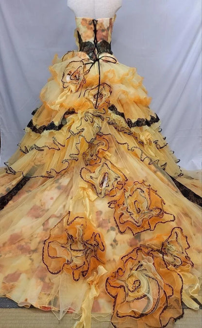 Sweet 16 Dress Yellow Strapless Sleeveless Ball Gown With Tiered Layers Sweet Sixteen Dress RB9970