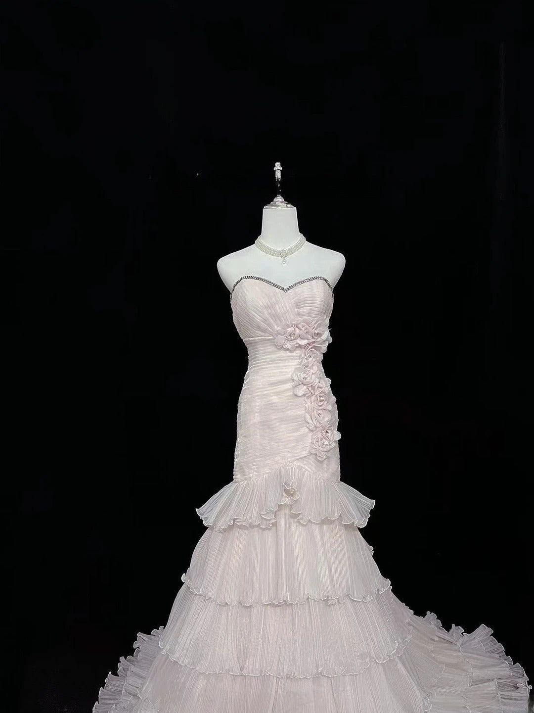 Beautiful Mermaid Sweetheart Pink Tulle With Tiered Layers Prom Dress Formal Outfits Party Dresses RB7585