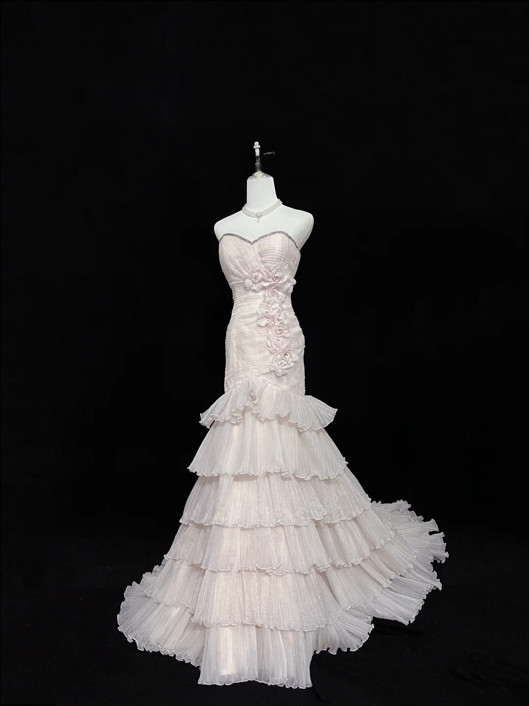 Beautiful Mermaid Sweetheart Pink Tulle With Tiered Layers Prom Dress Formal Outfits Party Dresses RB7585