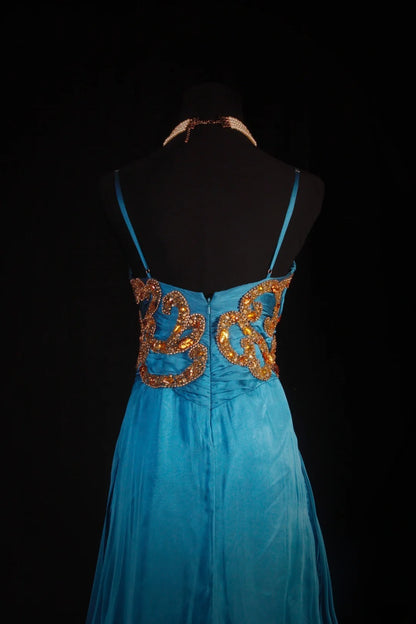 Chic A line Spaghetti Straps Chiffon Blue With Gold Beads Sequins Long Formal Fancy Prom Dresses Dinner Outfits Party Gowns For Teens AB2185