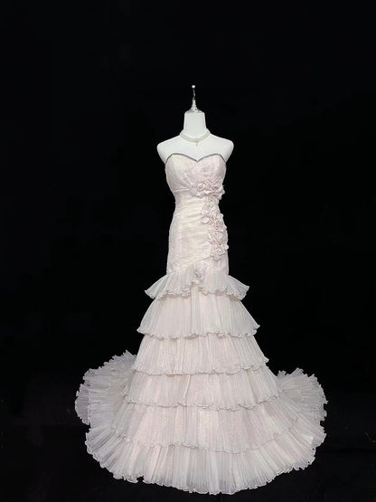 Beautiful Mermaid Sweetheart Pink Tulle With Tiered Layers Prom Dress Formal Outfits Party Dresses RB7585