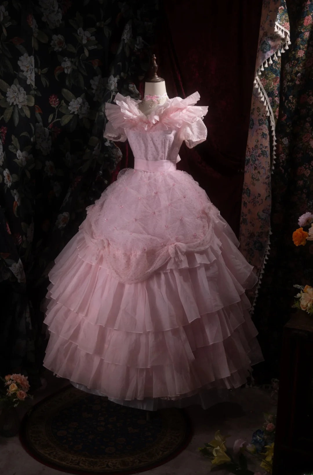 Cute Princess Ball Gown Formal Events V Neckline Tulle Pink With Ruffled Quince Dress Quinceanera Dresses Birthday Outfits RB8380