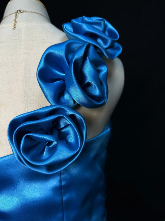 Vintage 70s Prom Dresses Mermaid One Shoulder Satin With Flower Long Party Gown Formal Outfits RB5990