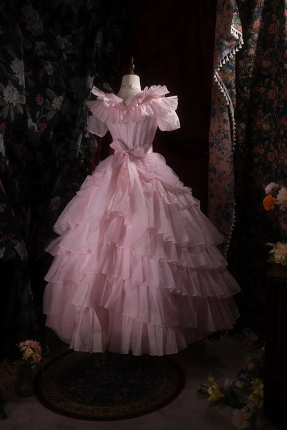 Cute Princess Ball Gown Formal Events V Neckline Tulle Pink With Ruffled Quince Dress Quinceanera Dresses Birthday Outfits RB8380
