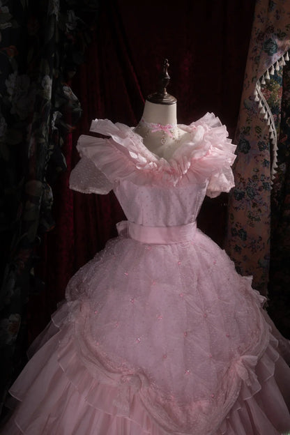Cute Princess Ball Gown Formal Events V Neckline Tulle Pink With Ruffled Quince Dress Quinceanera Dresses Birthday Outfits RB8380