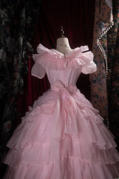 Cute Princess Ball Gown Formal Events V Neckline Tulle Pink With Ruffled Quince Dress Quinceanera Dresses Birthday Outfits RB8380