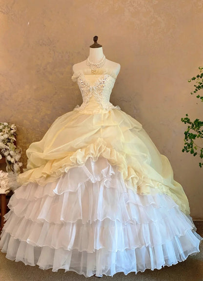 Quinceanera Dress Strapless Yellow With Layers Tiered Floor Length Ball Gown Sweet 15 15th Birthday Gown RB9117