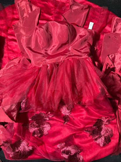 A line Strapless Sleeveless Hot Pink Floral Lace With Tiered Tiered Long Formal Fancy Evening Dresses Dinner Outfits Classy Party Gowns AS186