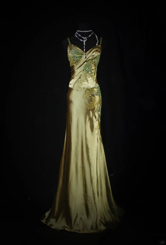 Chic Mermaid Spaghetti Straps Green Satin With Beads Sequins Long Formal Fancy Prom Dresses Dinner Night Outfits Party Gowns For Teens AB2186