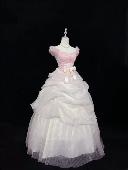 Pretty Ball Gown Square Neck Pink With Tiered Layers Long Prom Dress Tulle Sweet 16 Sweet Sixteen Outfits Vestido de 15 RB7588