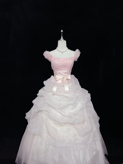 Pretty Ball Gown Square Neck Pink With Tiered Layers Long Prom Dress Tulle Sweet 16 Sweet Sixteen Outfits Vestido de 15 RB7588