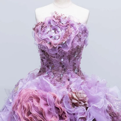 Gothic Sweetheart Sweet 16 Ball Gown,Lilac 3D Flowers Layered Tulle Long Sweet Sixteen Formal Dress RB9972