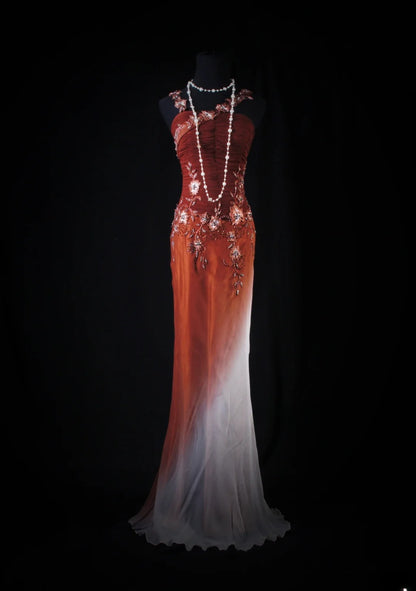 Chic Mermaid Spaghetti Straps Burguny Chiffon With Beads Appliques Long Formal Fancy Prom Dresses Night Outfits Party Gowns For Teens AB2187