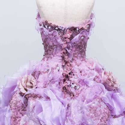 Gothic Sweetheart Sweet 16 Ball Gown,Lilac 3D Flowers Layered Tulle Long Sweet Sixteen Formal Dress RB9972