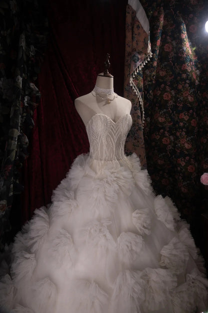 Stunning Ball Gown Sweetheart White Tulle 2000s With Flowers Long Autumn Winter Bridal Dress Wedding Dresses RB8382