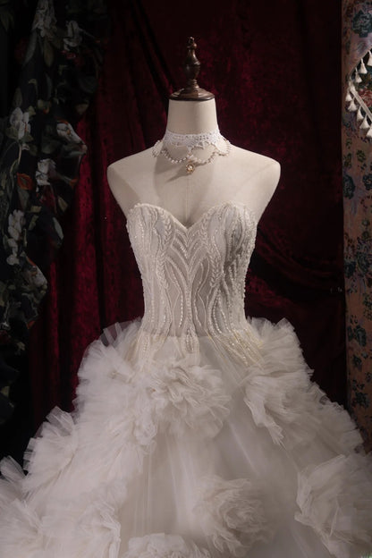 Stunning Ball Gown Sweetheart White Tulle 2000s With Flowers Long Autumn Winter Bridal Dress Wedding Dresses RB8382