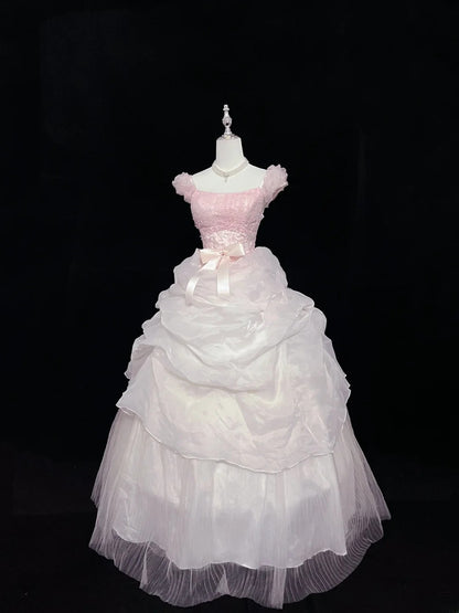 Pretty Ball Gown Square Neck Pink With Tiered Layers Long Prom Dress Tulle Sweet 16 Sweet Sixteen Outfits Vestido de 15 RB7588