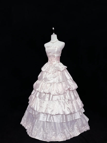 Beautiful Ball Gown Strapless Pink Satin With Appliqued Tiered Prom Dress Formal Outfits Party Dresses RB7588