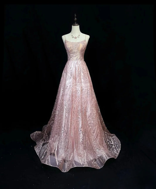 Vintage 70s Prom Dresses A line Spaghetti Strap Pink Sequin Long Party Gown Formal Outfits RB5993