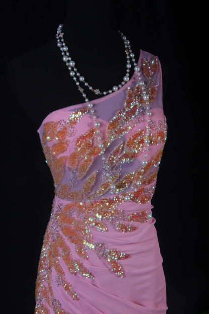 Modest Mermaid One Shoulder Pink Chiffon Prom Dress Long Party Gowns Evening Dresses AS188