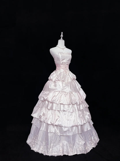 Beautiful Ball Gown Strapless Pink Satin With Appliqued Tiered Prom Dress Formal Outfits Party Dresses RB7588