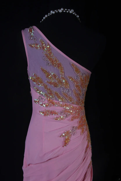 Modest Mermaid One Shoulder Pink Chiffon Prom Dress Long Party Gowns Evening Dresses AS188