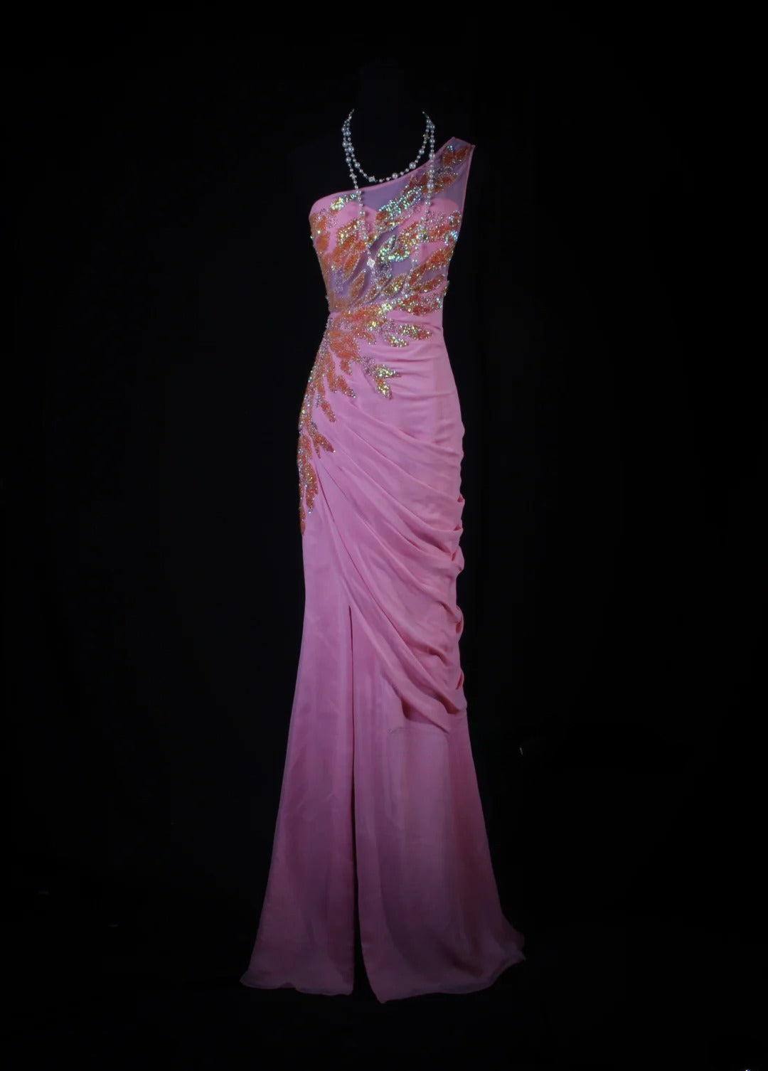 Modest Mermaid One Shoulder Pink Chiffon Prom Dress Long Party Gowns Evening Dresses AS188
