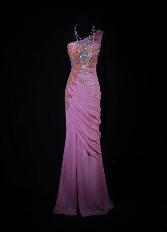 Modest Mermaid One Shoulder Pink Chiffon Prom Dress Long Party Gowns Evening Dresses AS188