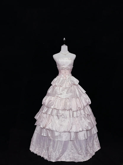 Beautiful Ball Gown Strapless Pink Satin With Appliqued Tiered Prom Dress Formal Outfits Party Dresses RB7588