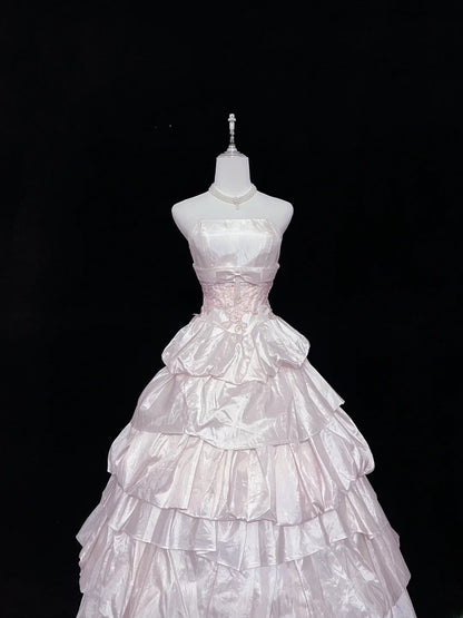 Beautiful Ball Gown Strapless Pink Satin With Appliqued Tiered Prom Dress Formal Outfits Party Dresses RB7588