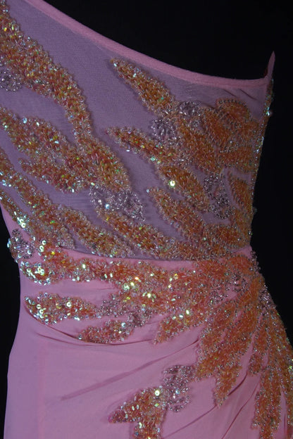 Modest Mermaid One Shoulder Pink Chiffon Prom Dress Long Party Gowns Evening Dresses AS188