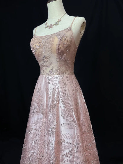 Vintage 70s Prom Dresses A line Spaghetti Strap Pink Sequin Long Party Gown Formal Outfits RB5993