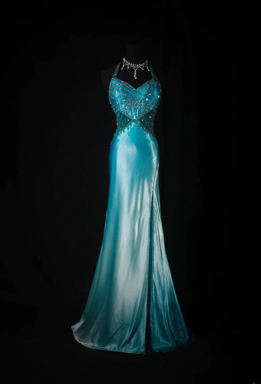 Vintage Mermaid Halter Blue Satin With Beads Long Formal Fancy Prom Dresses Night Outfits Party Gowns For Teens AS189