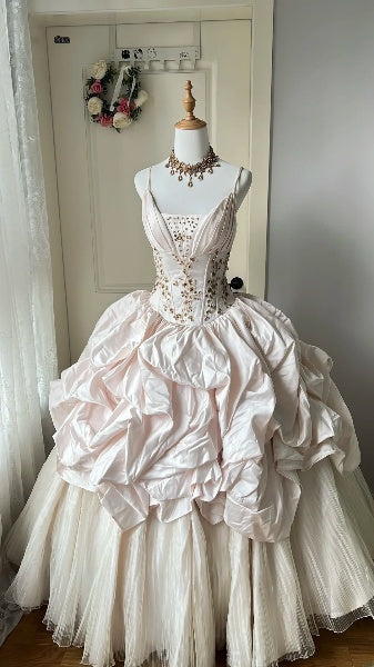 Sweet 15 Quinceanera Dress Ball Gown Spaghetti Straps PinkWith Ruffled Beading Long 15th Birthday Gown RC0550